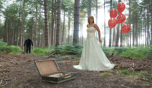 Composite of girl with baloons and me dressed as horror fiend