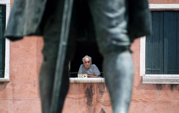 Local in window at Campo San Bartolomeo, Venice